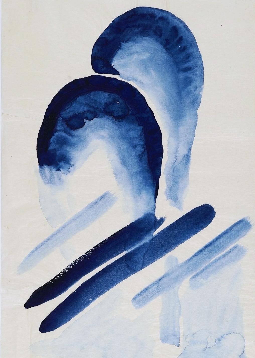 A blue watercolour abstraction by O'Keeffe featuring two rounded forms and diagonal brushstrokes