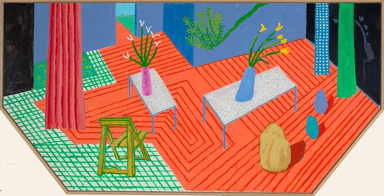 A vivid Hockney interior with a red floor, tables and vases of flowers