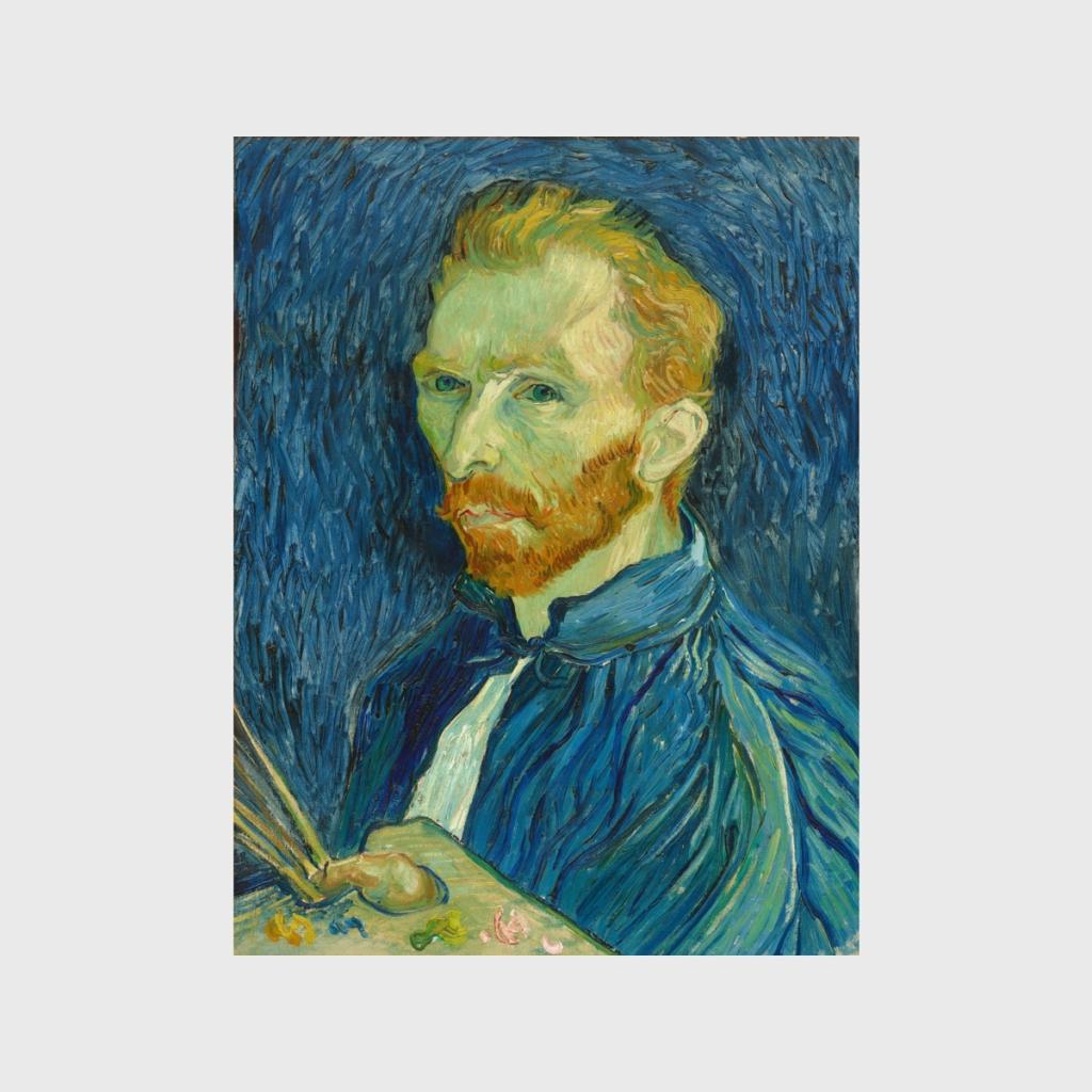 Van Gogh's self-portrait with palette and brushes against a dark blue background
