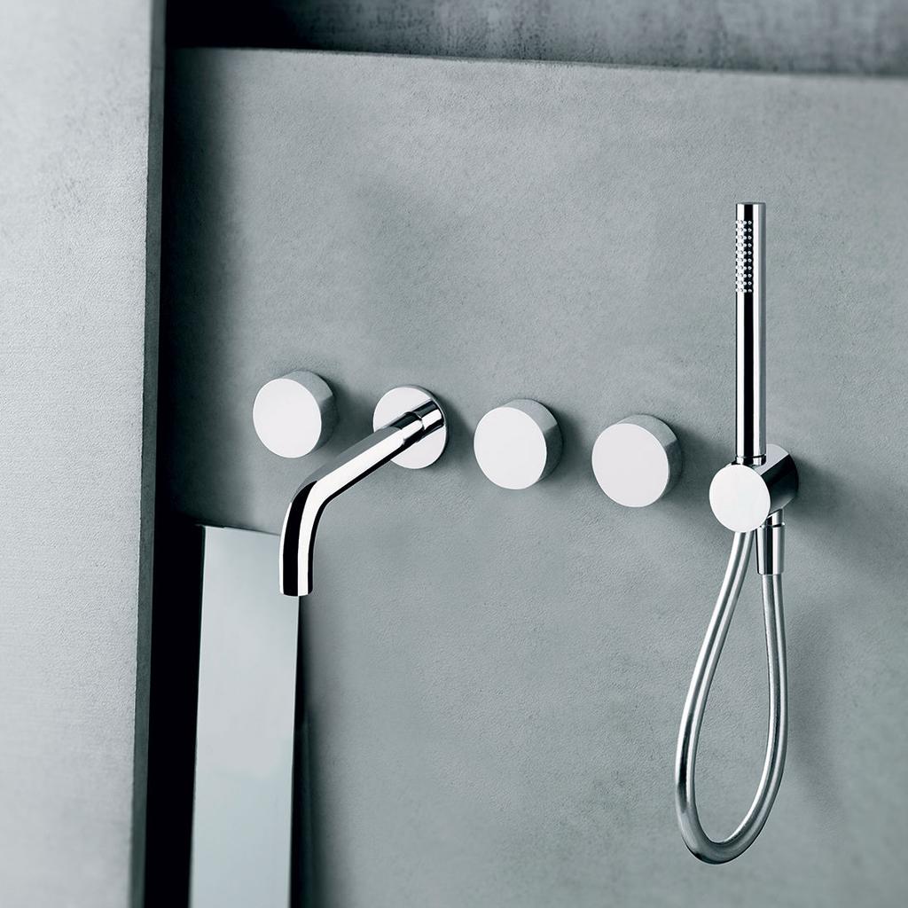 A chrome wall-mounted mixer tap with a curved spout and a hand shower