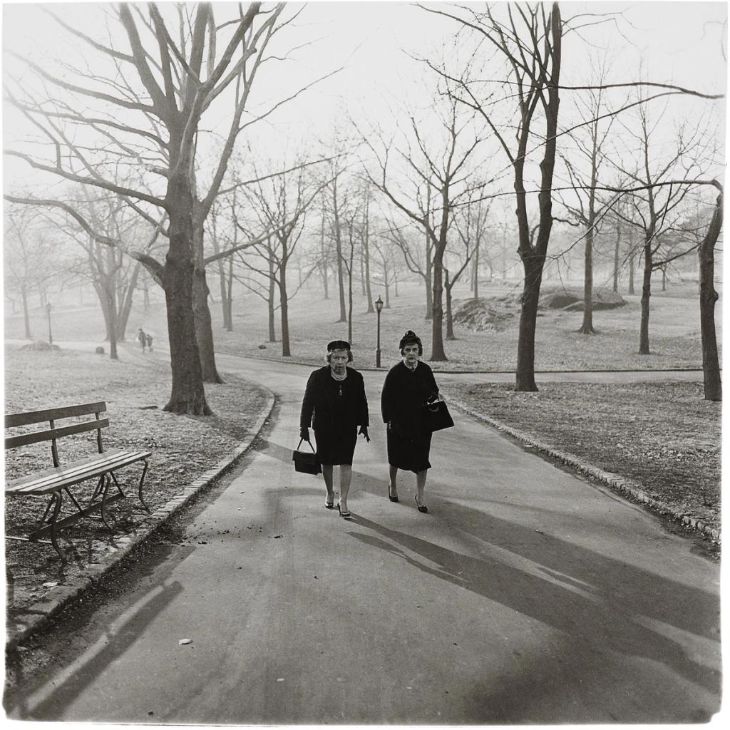 Two elderly women in black coats walking along a path among bare trees in a park