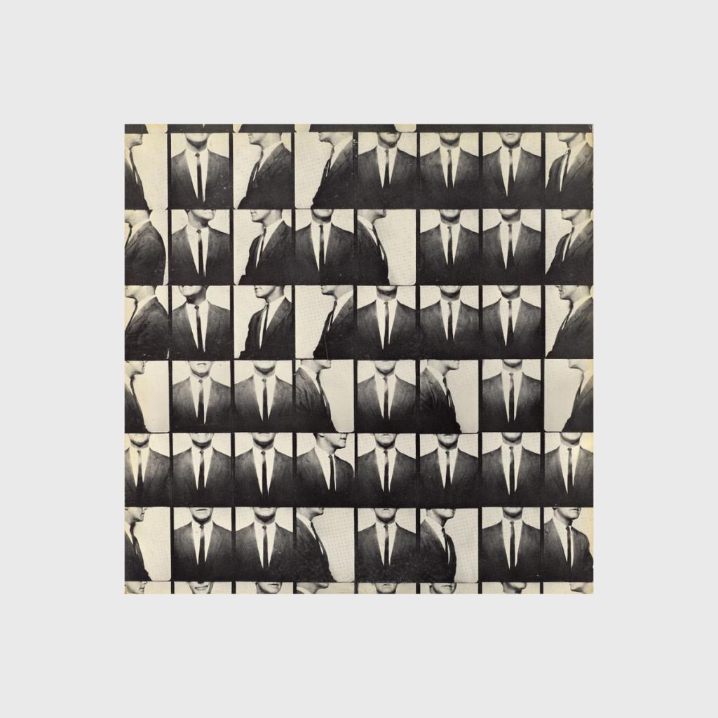 An album cover with a grid of repeating photographs of faceless men in suits