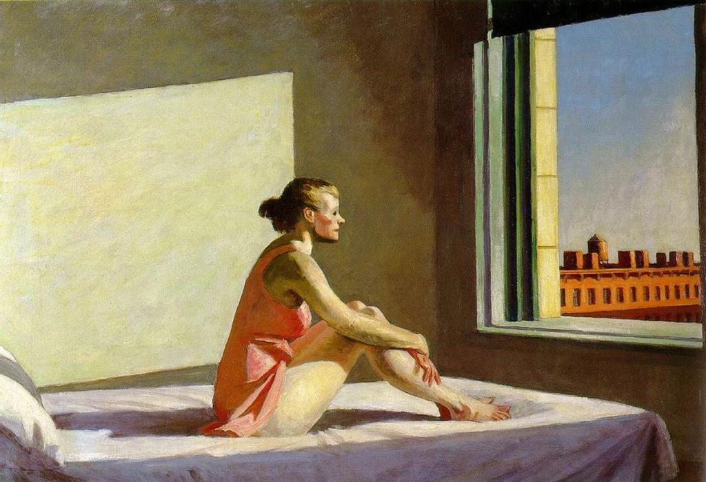 Hopper's Morning Sun: a woman in pink sitting on a bed by a window overlooking the city