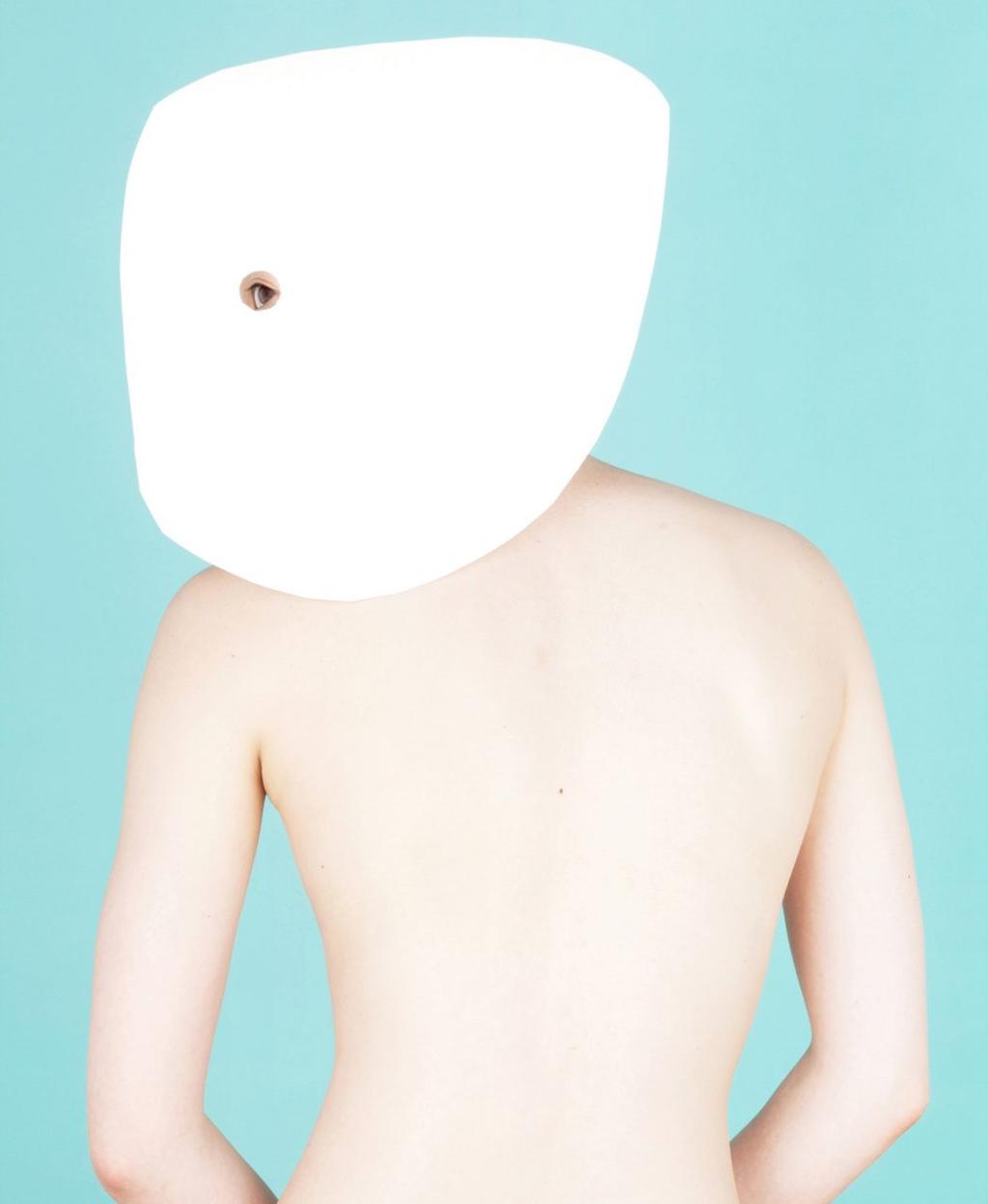 A nude figure seen from behind, face concealed by a white mask with one eye, against a turquoise background