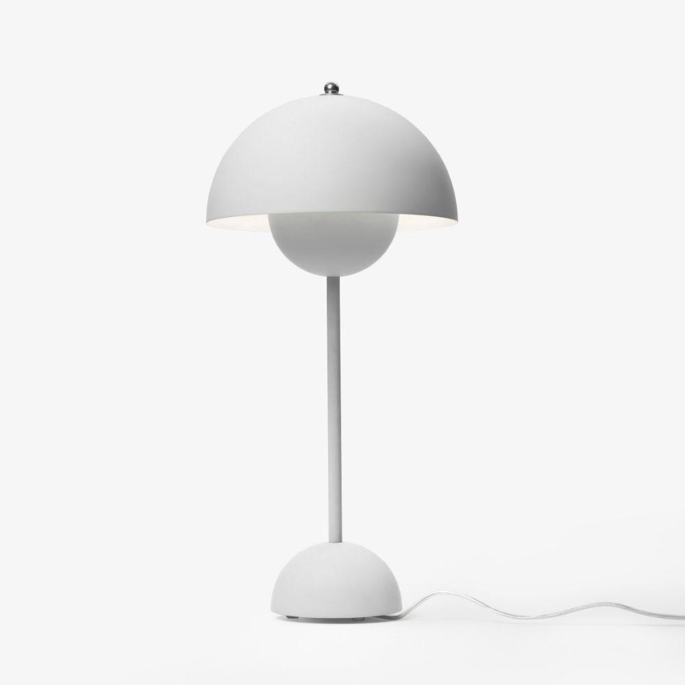Verner Panton's Flowerpot table lamp in light grey with a hemispherical shade