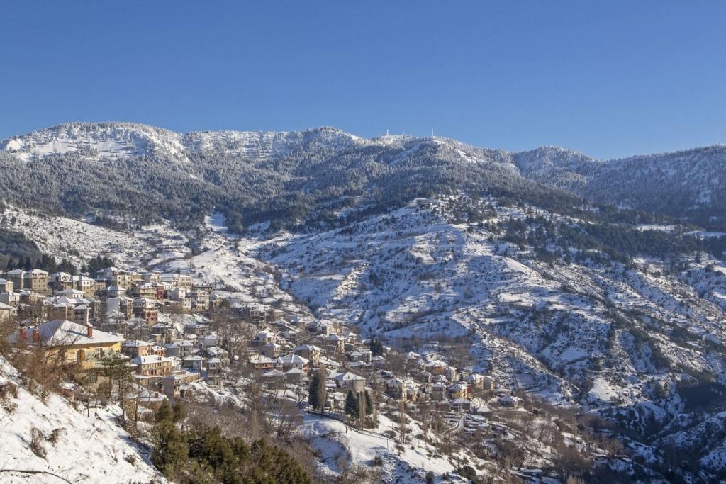 The snow-covered mountain village of Metsovo on the slopes of the Pindus range in winter