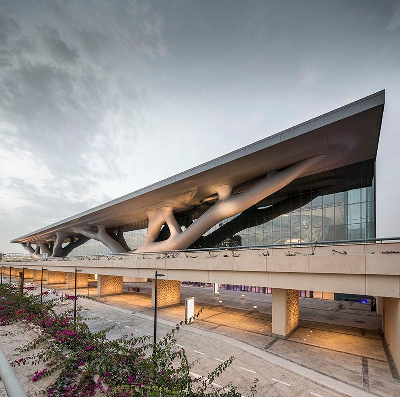 The National Convention Centre in Doha, with tree-like supports holding up a cantilevered canopy