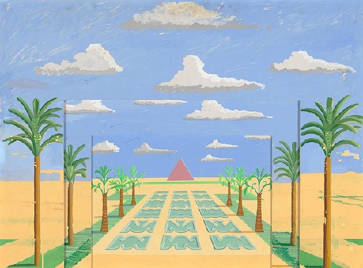 Hockney set design sketch with palm trees, clouds and a red pyramid by the water