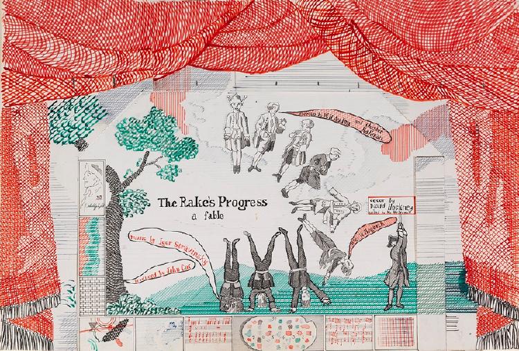 Set design sketch for The Rake's Progress with a red curtain and drawings