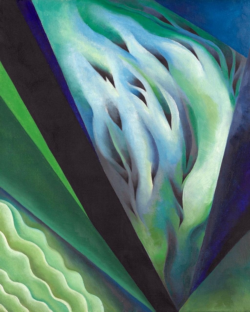 O'Keeffe's blue-green abstraction with flame-like forms and diagonal rays