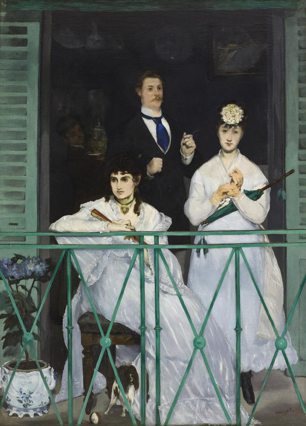 Manet's painting The Balcony: two women in white and a man behind a green cast-iron balcony railing