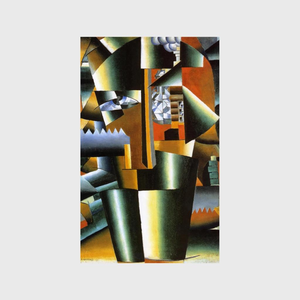 A Cubo-Futurist portrait of Ivan Klyun with fragmenting geometric facets and a single eye