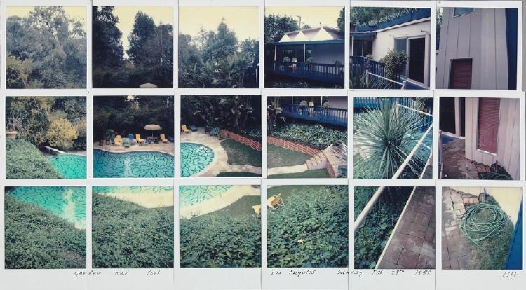 A Hockney photo-collage of garden and pool shots arranged in a grid