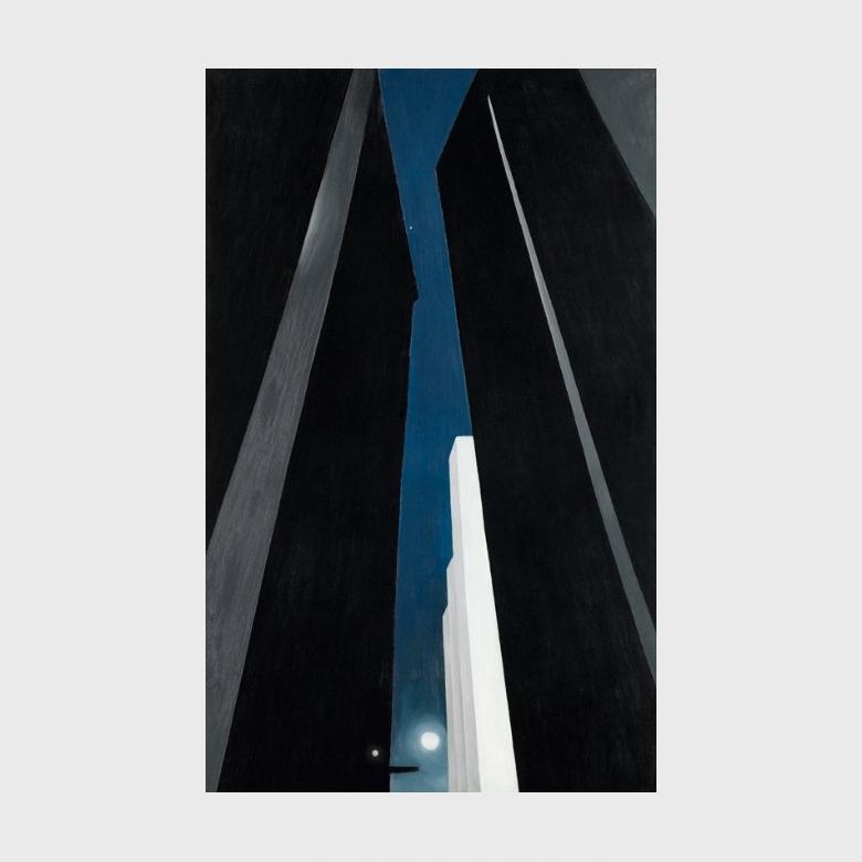O'Keeffe painting: dark skyscrapers with a blue strip of sky and lights below