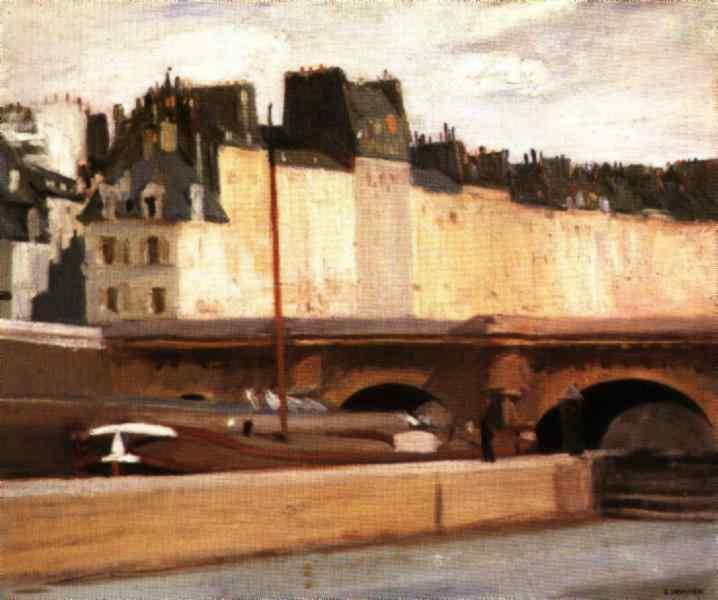 Edward Hopper's Parisian landscape: a sun-drenched stone embankment along the Seine with a bridge
