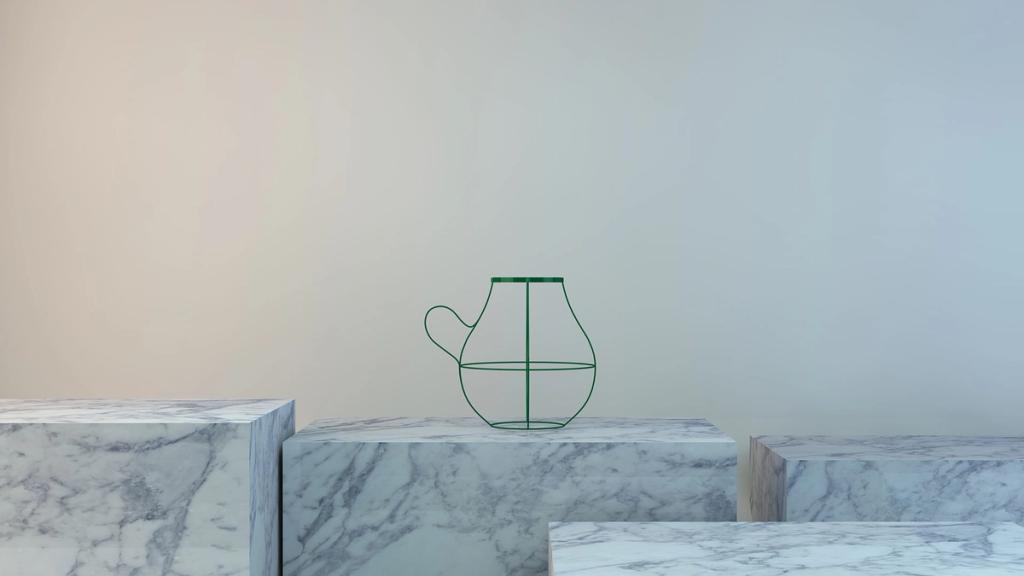 A minimalist green wire jug outline resting on marble blocks, designed by Dima Loginov