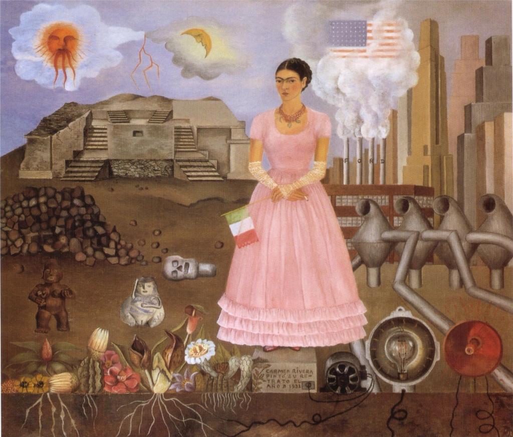Frida Kahlo's Self-Portrait on the Borderline Between Mexico and the United States: the artist in a pink dress holding a Mexican flag