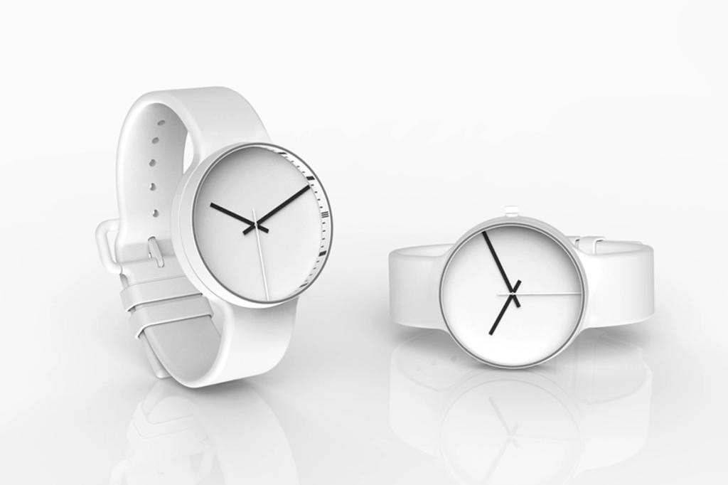 Two minimalist wristwatches with white dials and white straps