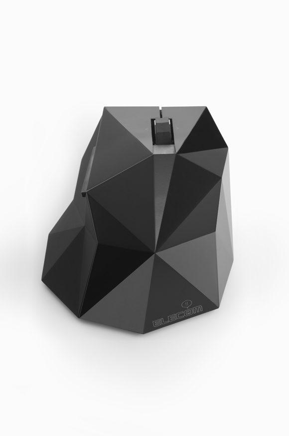 Black Elecom computer mouse with a faceted polyhedral body