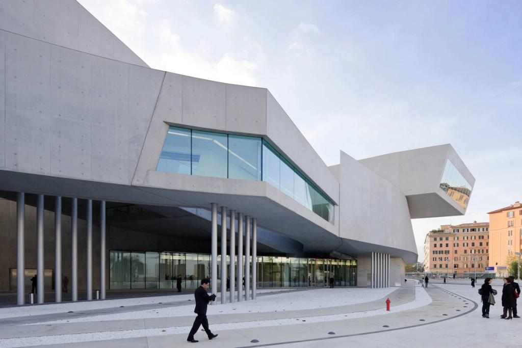 The concrete facade of the MAXXI museum in Rome, with a cantilevered glazed volume