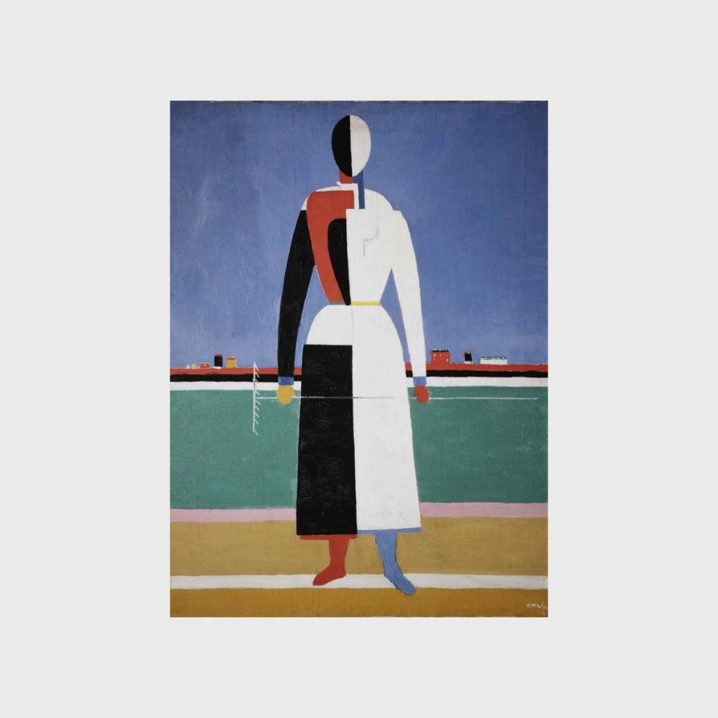 Painting Woman with a Rake: a faceless figure in a dress against a field and blue sky