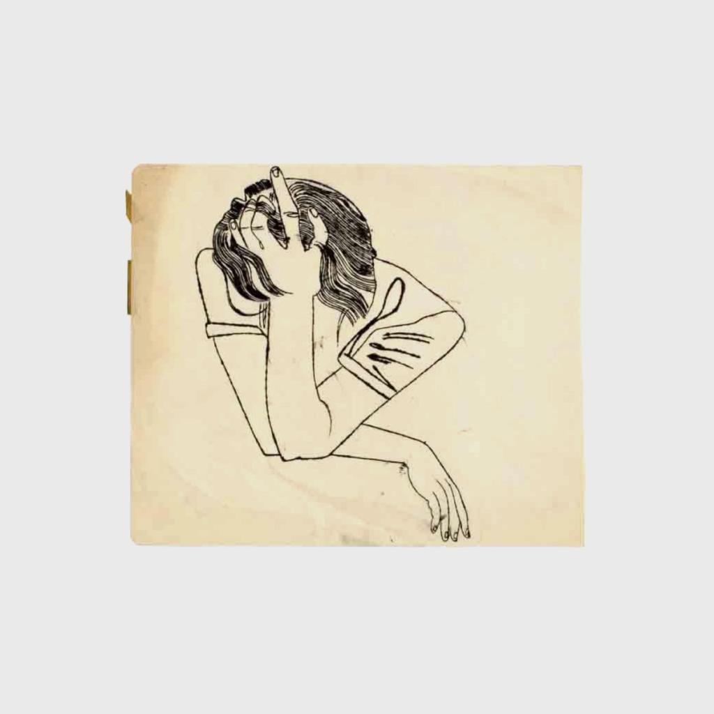 Ink drawing: a woman resting her head on her hand, leaning on a table