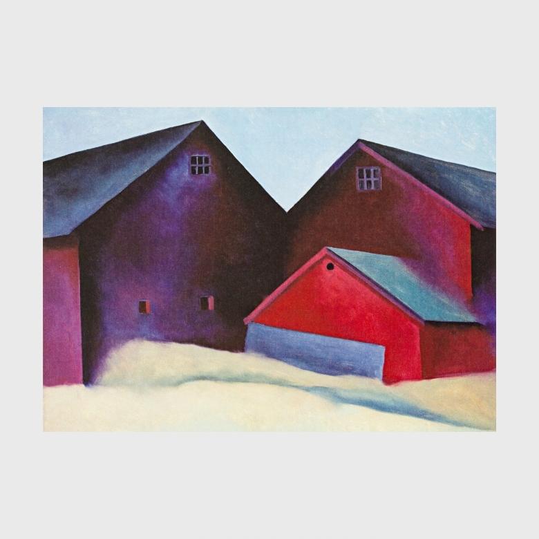 O'Keeffe painting: red-purple barns in snow beneath a blue sky