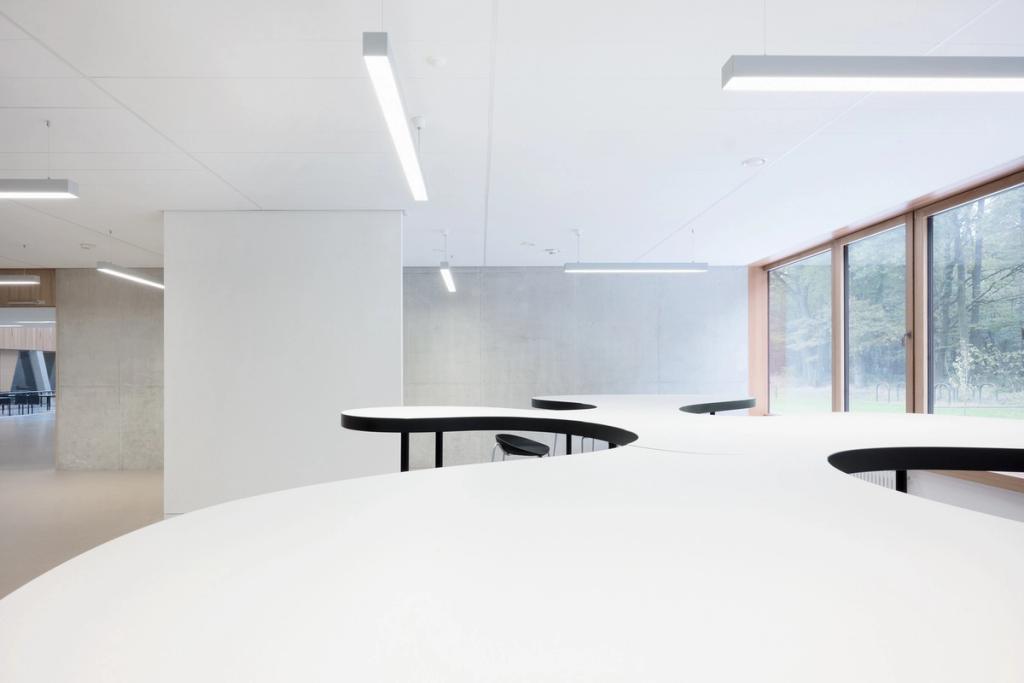 The white interior of Hessenwald school with round tables and a view of the forest through the glazing