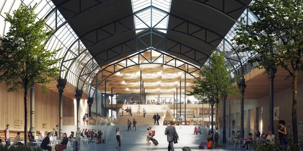 Interior render of Nordisk Lys beneath an arched glass roof with a central staircase and trees
