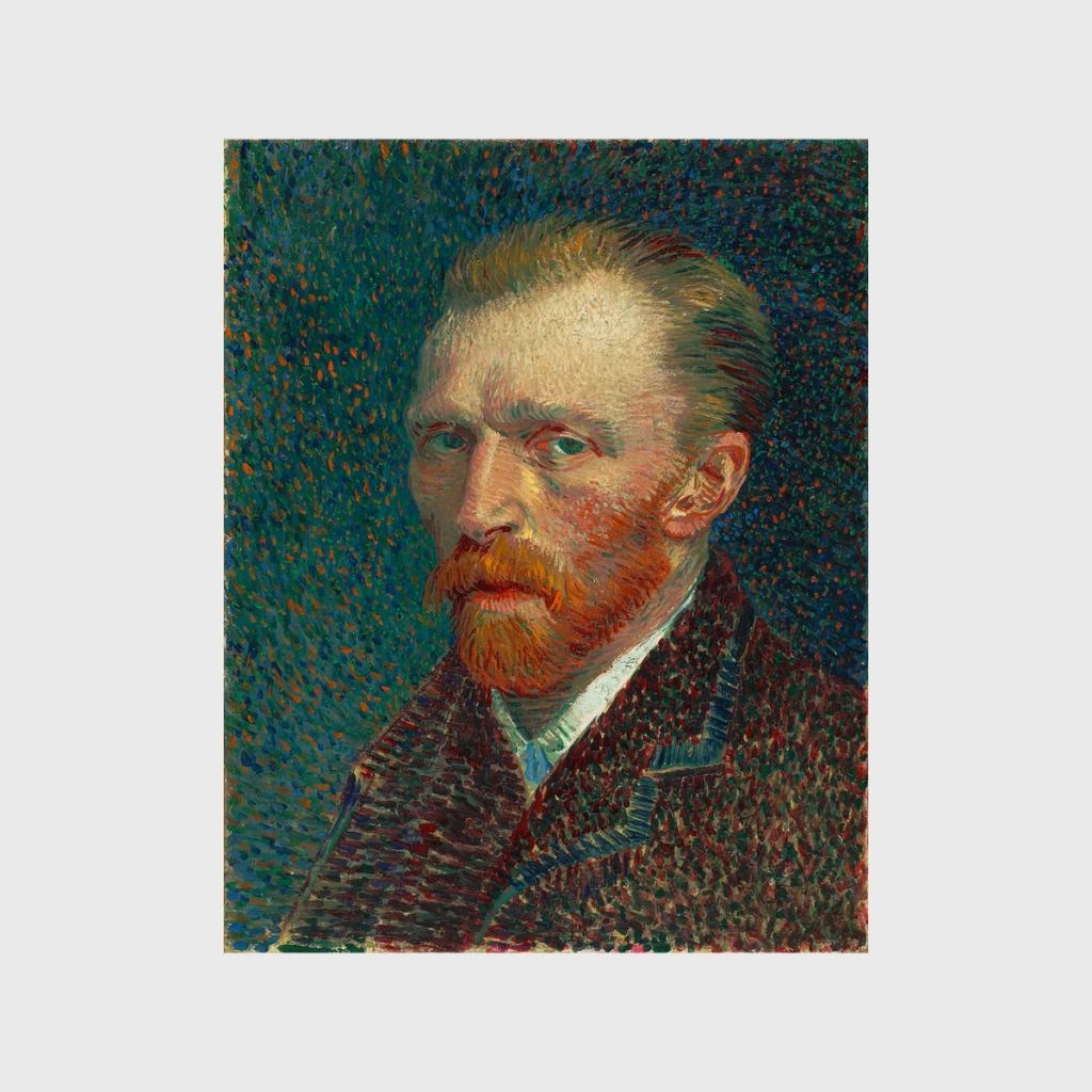 Van Gogh's self-portrait in a stippled brushstroke technique, with a red beard against a dark blue-green background