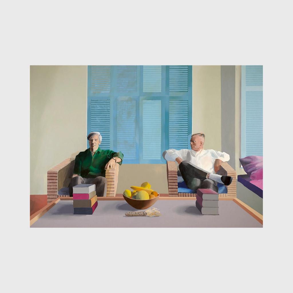 A Hockney double portrait: two men in armchairs beside blue shutters with a bowl of fruit