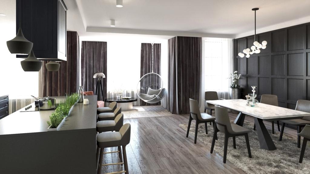 A kitchen-living room with an island, a hanging ball chair and a dining area beside a dark wall panel, visualisation
