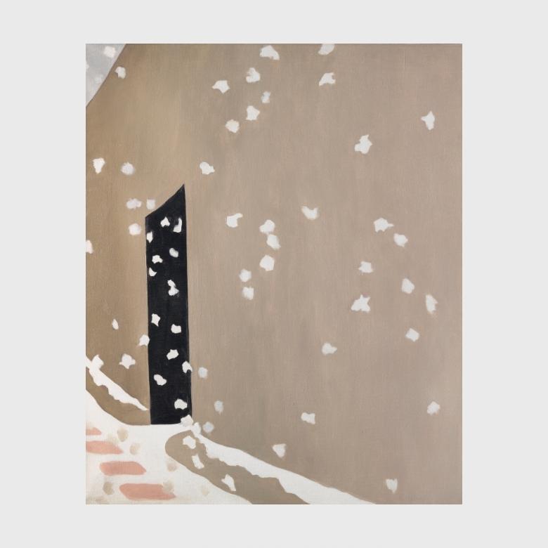 O'Keeffe painting: a black door in a beige adobe wall with snowflakes