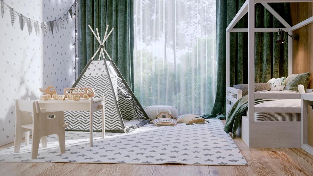 Children's room with a teepee, bunting garlands and a house-shaped bed, green curtains and a star-print rug
