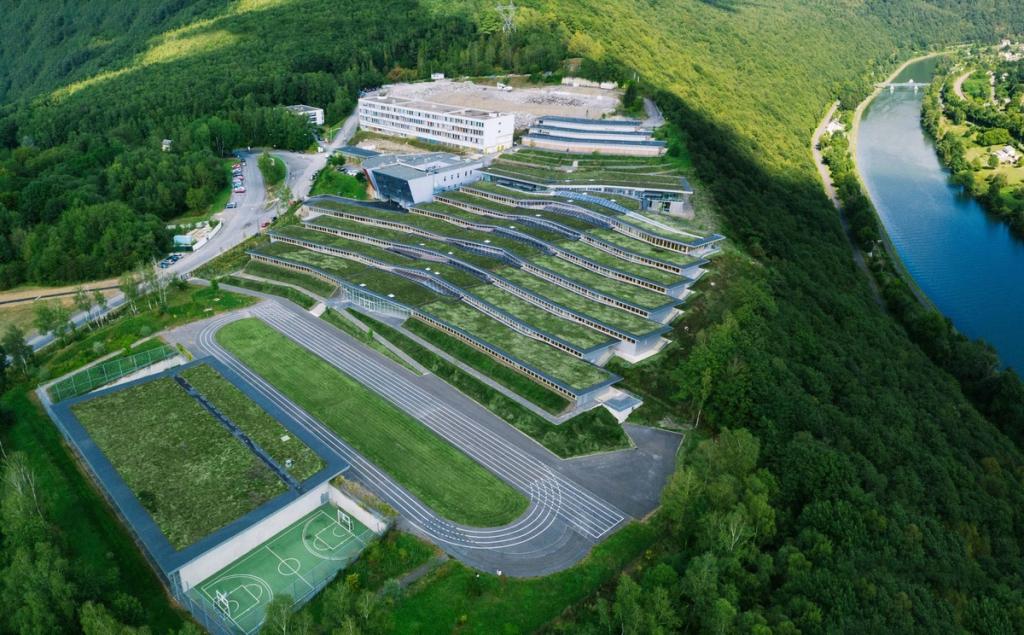 Jean Moulin School: a cascading building with green roofs and terraces stepping down the hillside towards the river