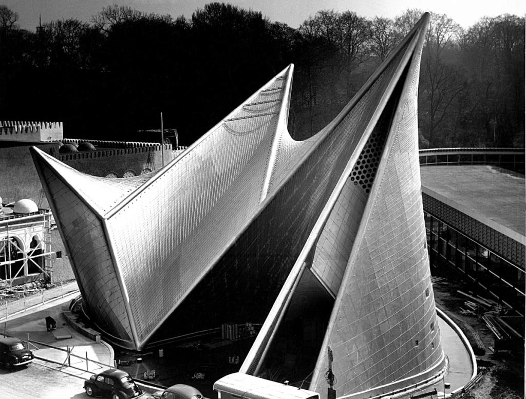 The Philips Pavilion at the Brussels World's Fair, a tent of hyperbolic paraboloid shells, archival photograph