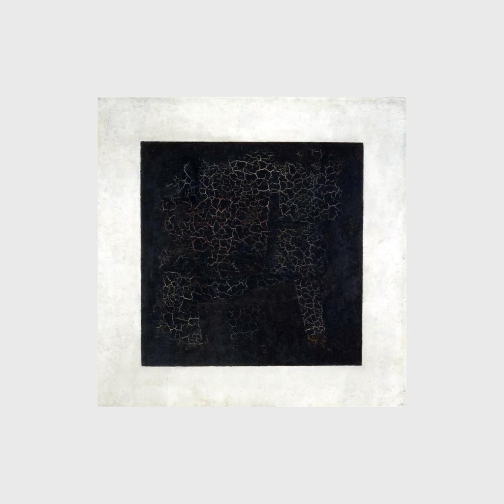 Suprematist painting Black Square: a black square on a white background with cracks in the paint