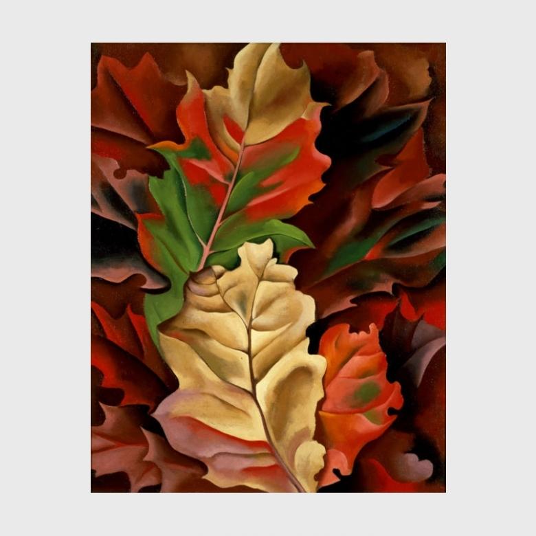 O'Keeffe painting: autumn oak leaves in red, green and ochre tones
