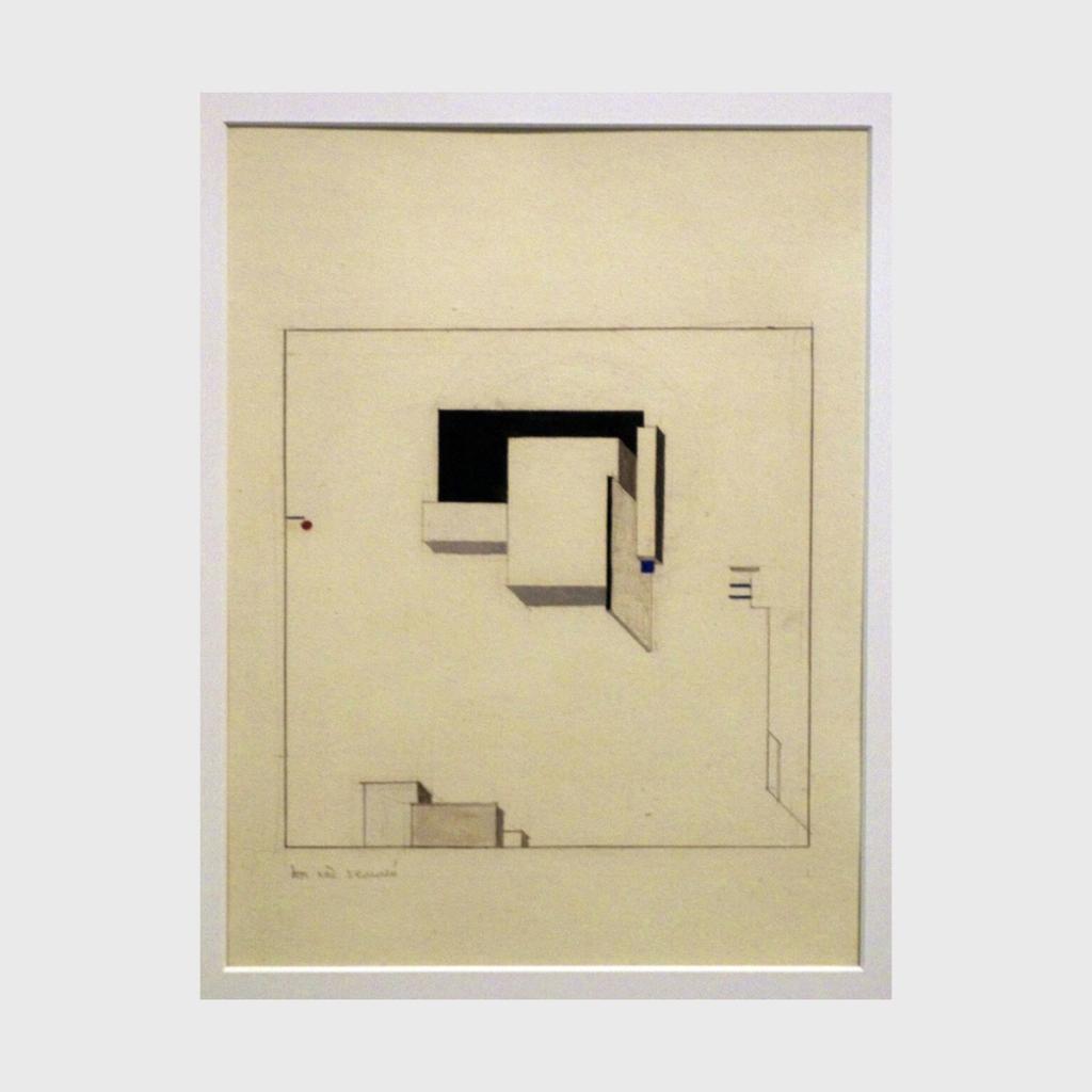 A Suprematist drawing by El Lissitzky: black-and-white geometric volumes on a framed sheet