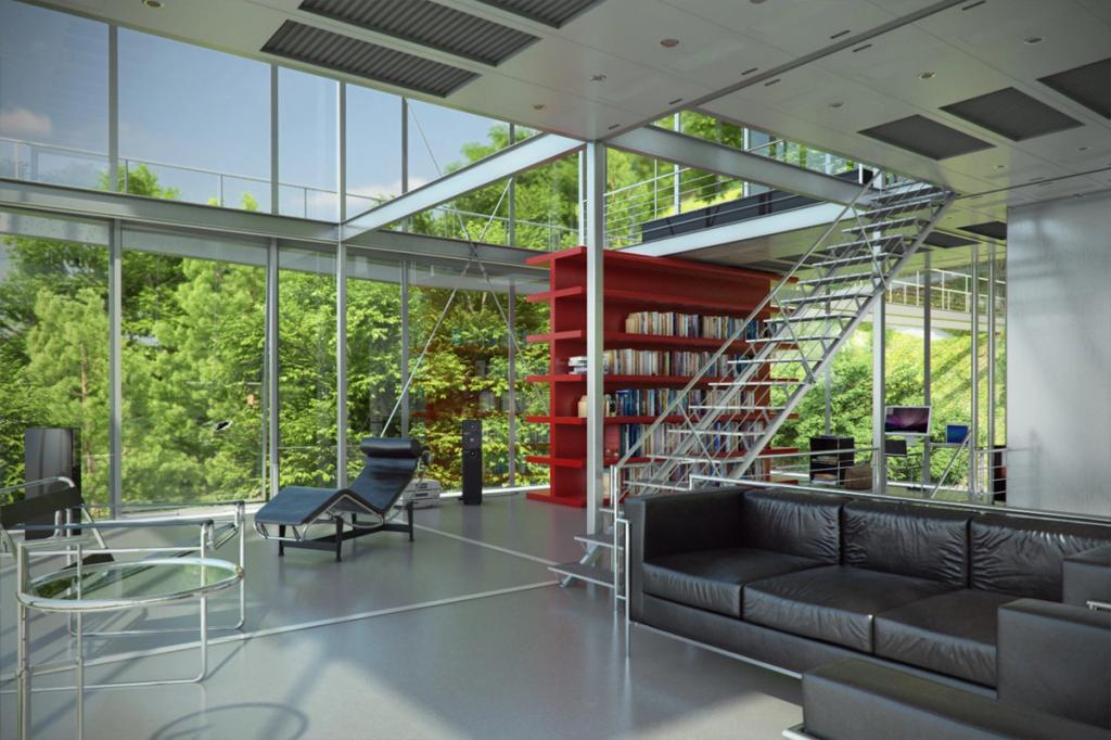 The living room of house R-128, with a red shelving unit, leather sofa and views of greenery