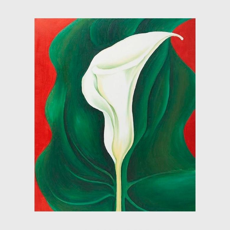 O'Keeffe painting: a white calla lily against a green leaf and red background