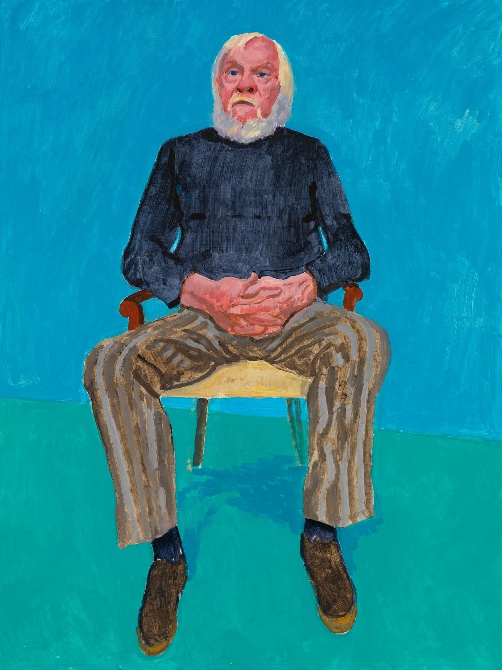 Hockney portrait of a grey-bearded man in a dark sweater against a blue background