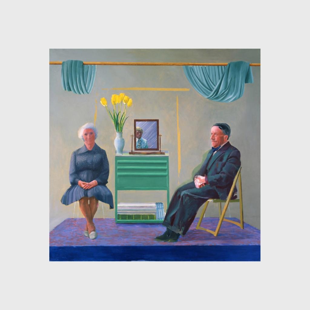 A Hockney double portrait: an elderly man and woman on either side of a green chest of drawers