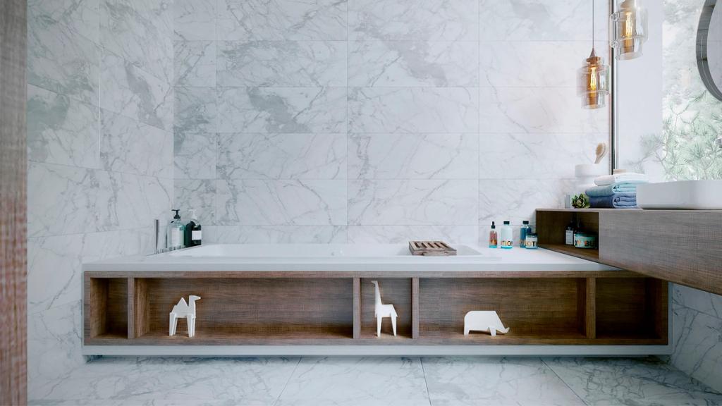 A bathtub set into a wooden cabinet-shelf unit against a marble wall