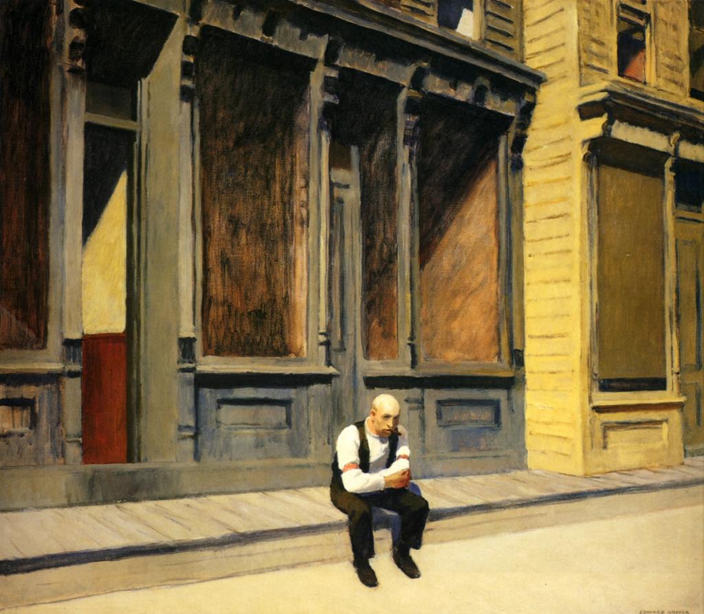 Hopper's Sunday: a bald man sitting on the pavement outside boarded-up storefronts