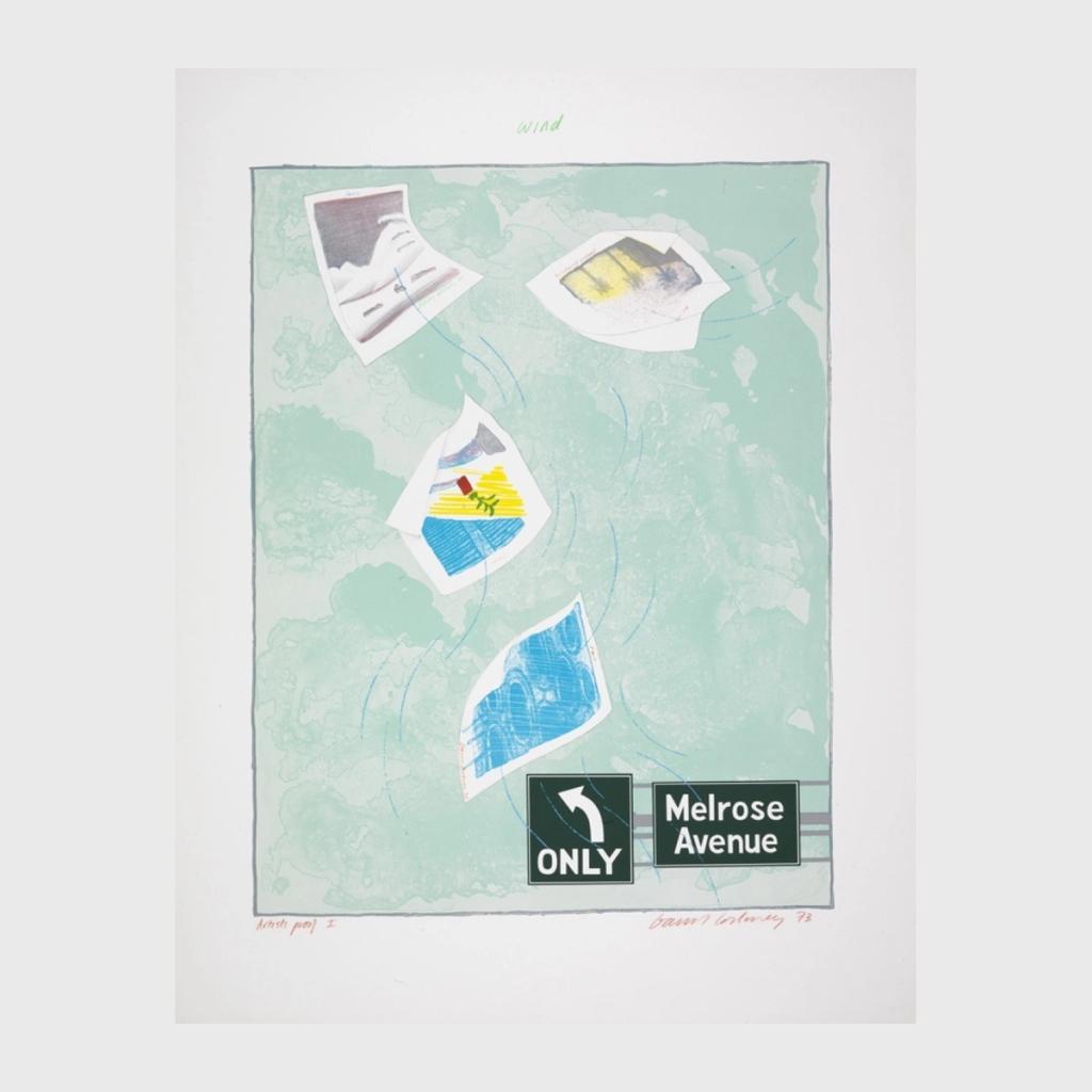 A Hockney lithograph featuring a Melrose Avenue sign and sheets of paper floating in the air