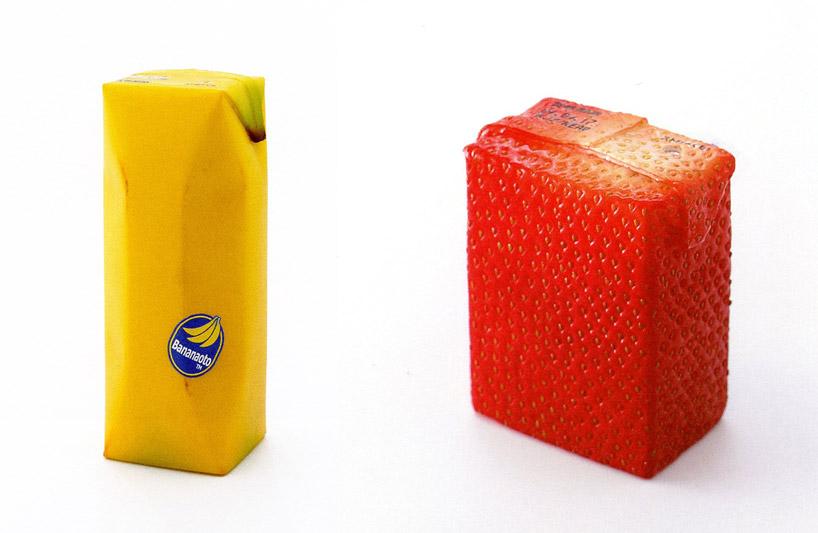 Juice Skin concept: juice cartons textured to resemble banana and strawberry skin