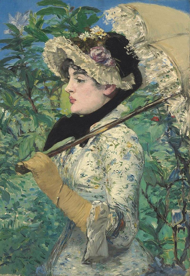 Manet's painting Spring: a young woman in a floral dress carrying a parasol amid greenery