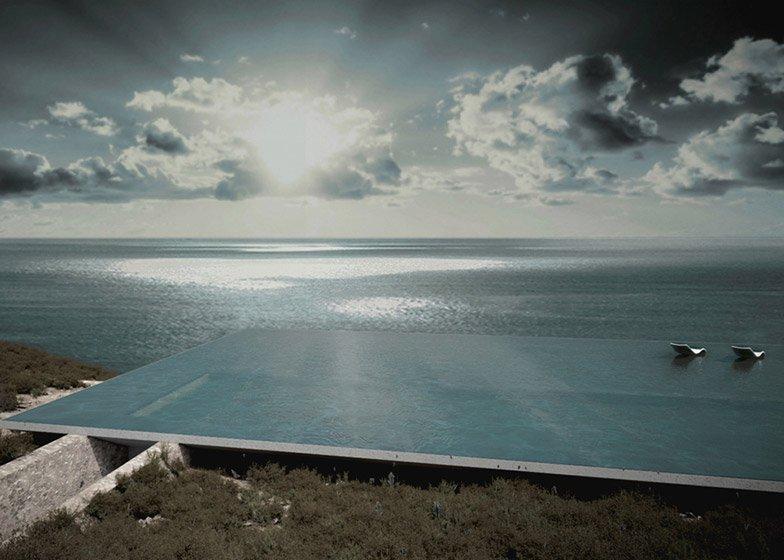 Зеркальный бесконечный бассейн Mirage House с двумя шезлонгами над морем
