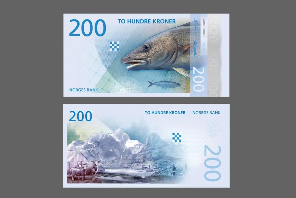 The Metric System's 200-krone note, featuring a cod and a mountain landscape with sheep